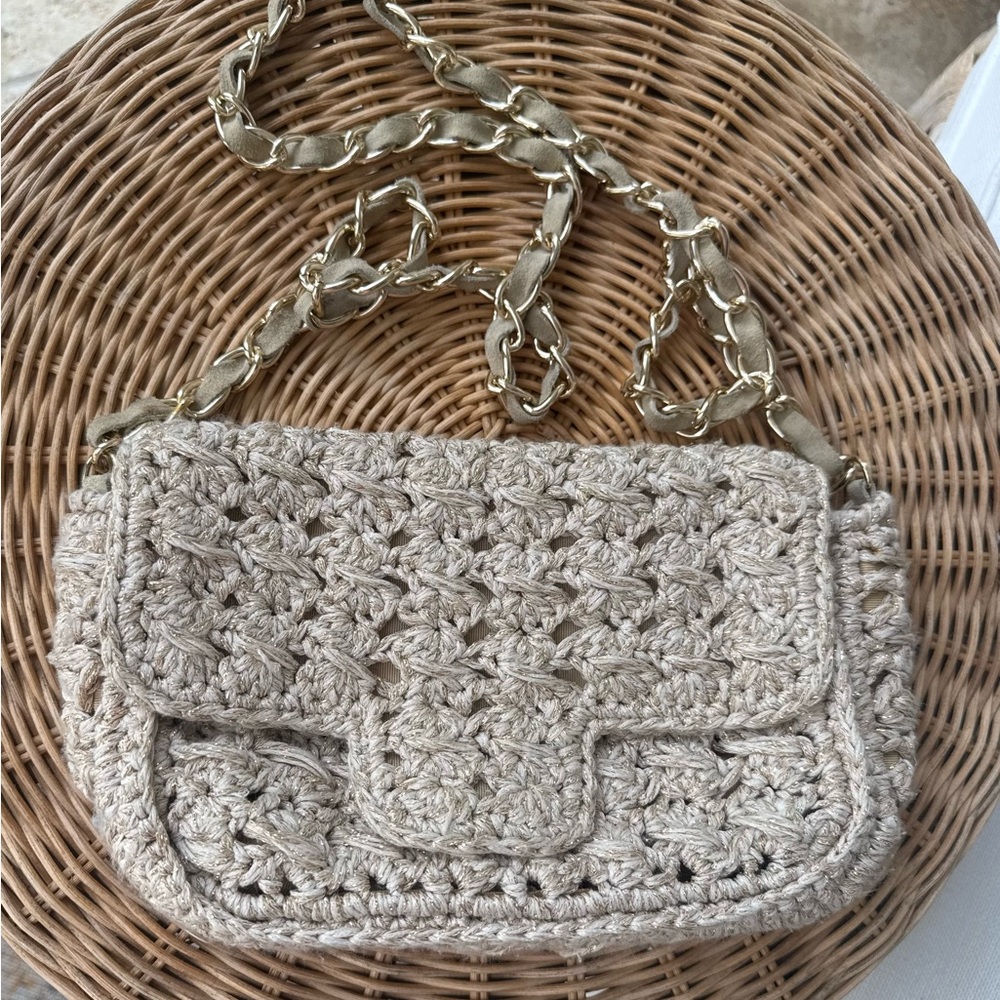 Crochet Cream Crossbody Bag with Gold Chain Strap